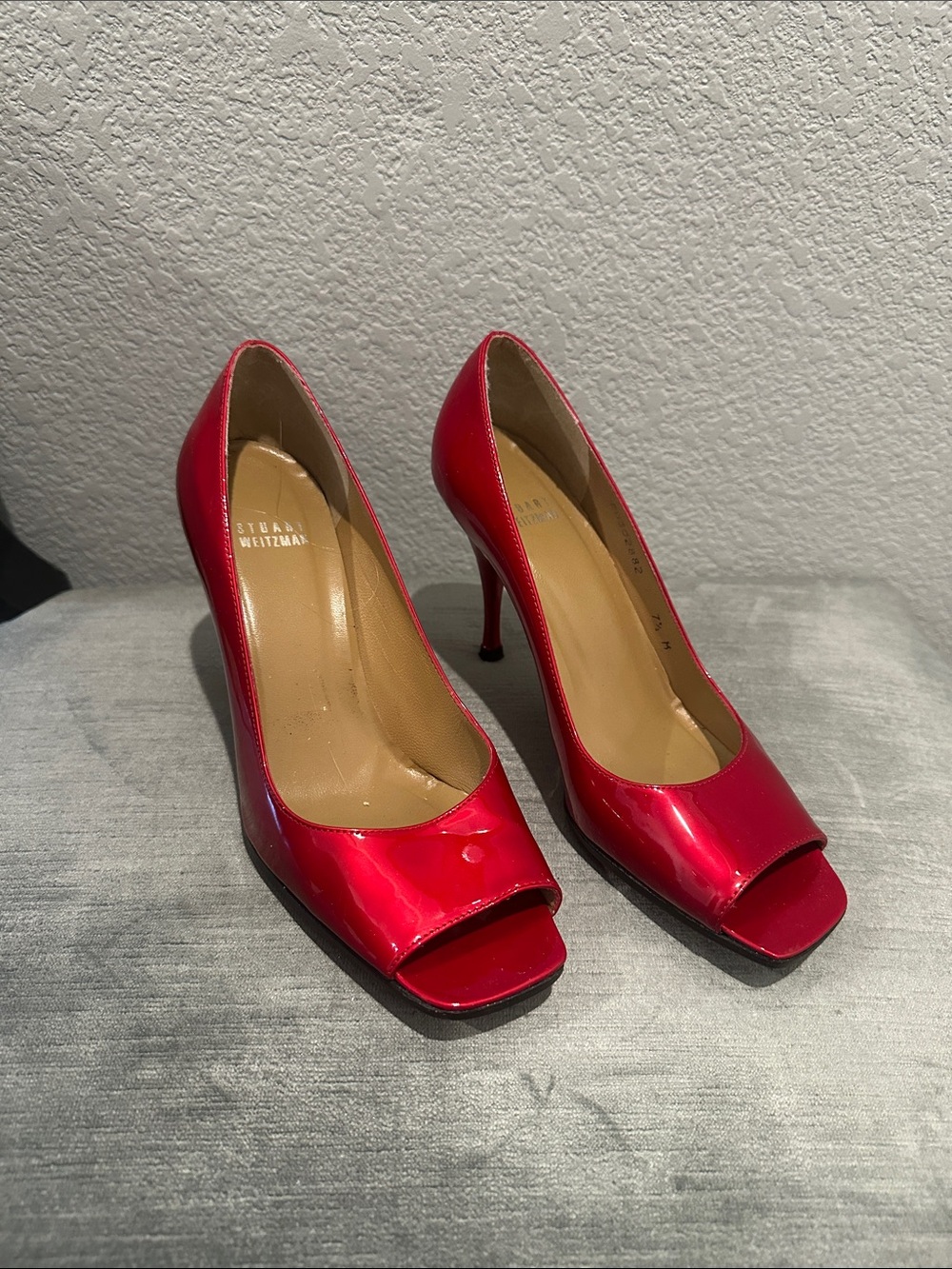 Stuart Weitzman Red Patent Open-Toe Pumps